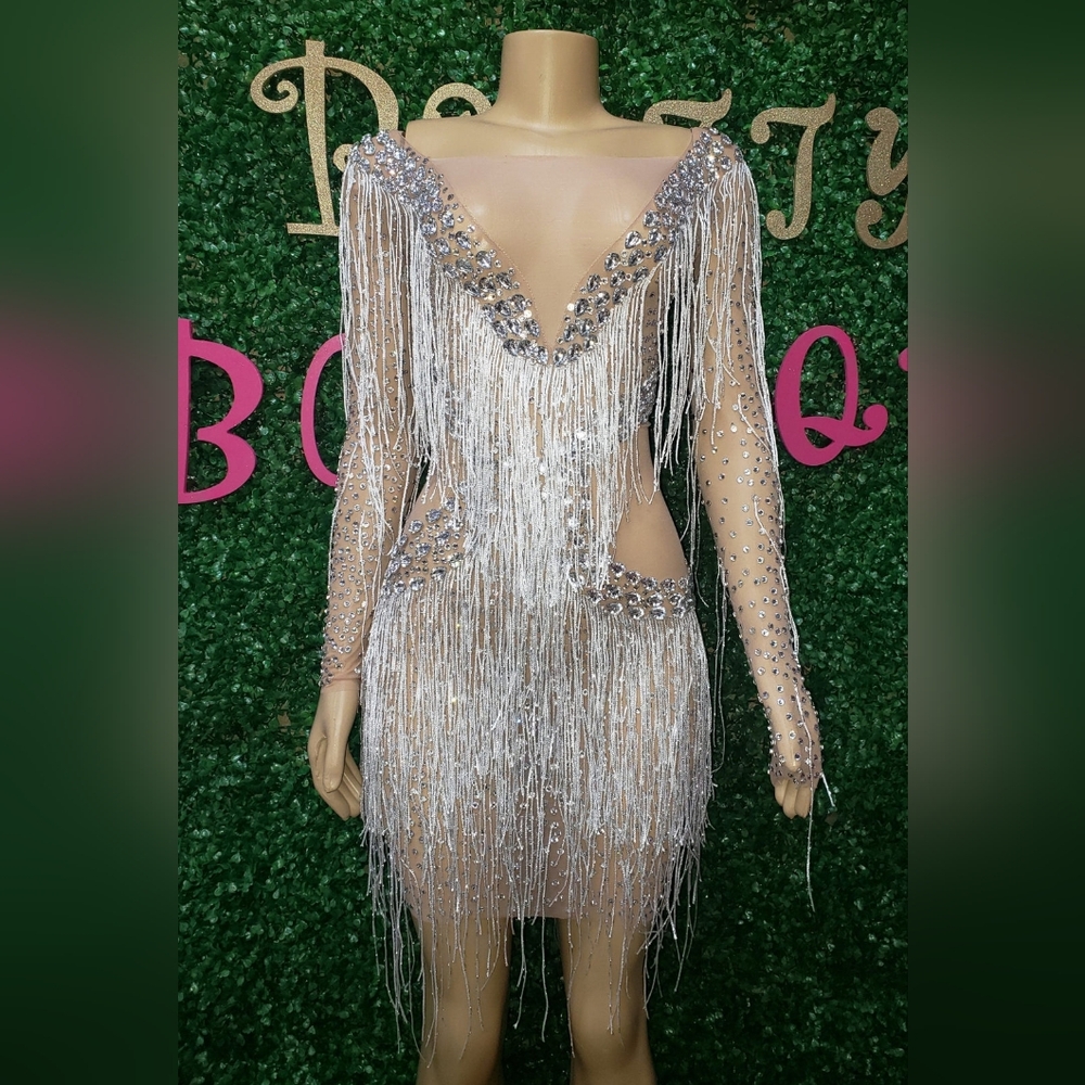 Unique Rare Size Large Ice Me Out Bling Birthday Silver Rhinestone Fringe Dress